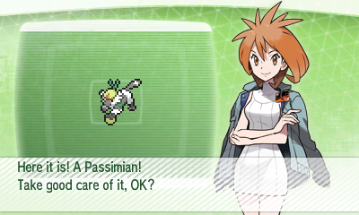 Brigette from Pokémon Bank giving the player a Passimian