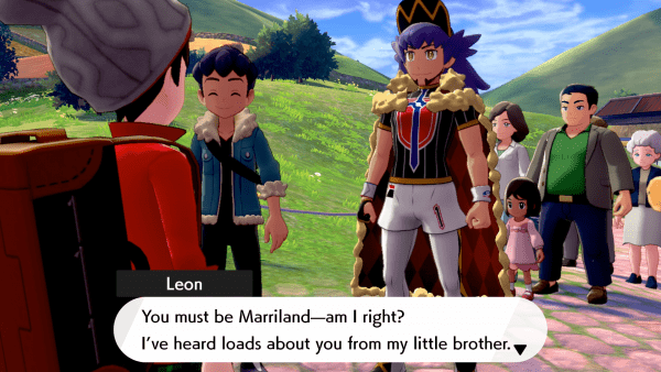 Leon from Pokémon Sword & Shield saying: "You must be Marriland—am I right? I've heard loads about you from my little brother."