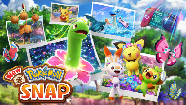 New Pokémon Snap image with a Meganium, Scorbunny, Pichu, Grookey, and more shown