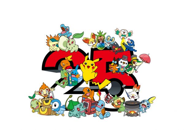 Special logo for Pokémon 25 showing all of the starter Pokémon and the numbers 2-5 in the coloring of a Poké Ball.