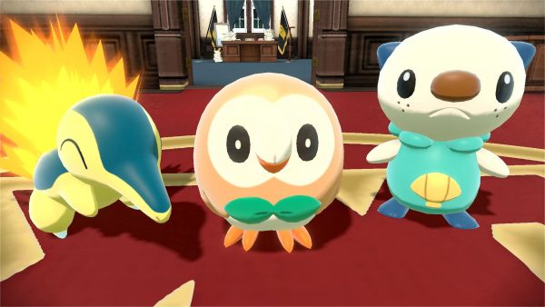 Cyndaquil, Rowlet, and Oshawott in a building