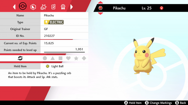 Screenshot of a special event Pikachu in Sword and Shield that knows the move Sing and is holding a Light Ball