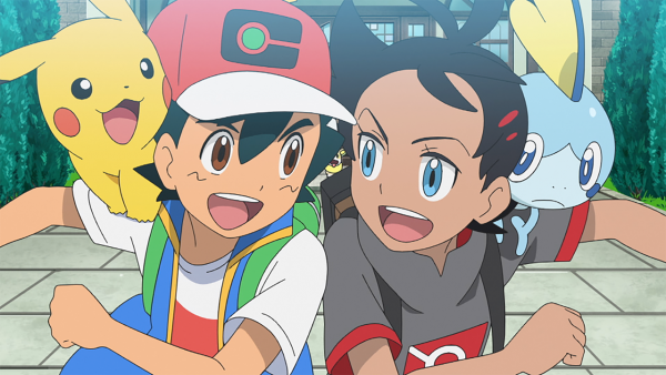 Ash Ketchum and Goh from the Pokémon anime with their Pikachu and Sobble on their shoulders