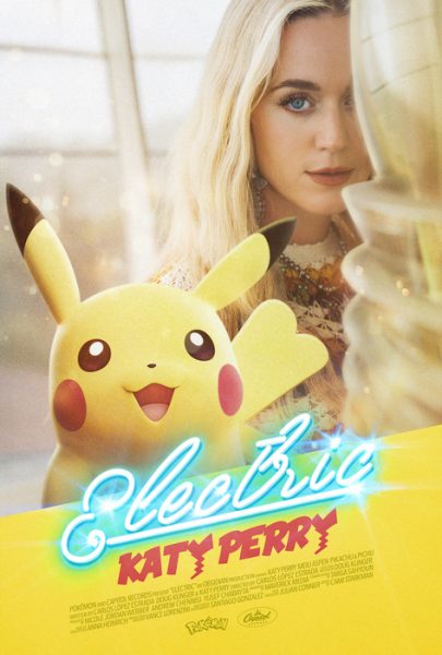 Katy Perry and female Pikachu on a poster that says Electric