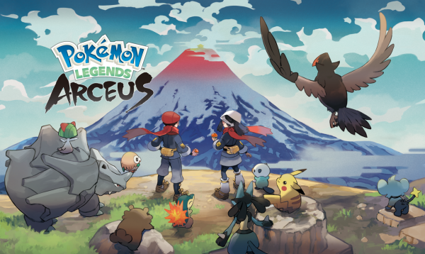 Promotional art for Pokémon Legends: Arceus with male and female heroes looking at Mt. Coronet with Rhyhorn, Ralts, Rowlet, Cyndaquil, Oshawott, Pikachu, Shinx, and more