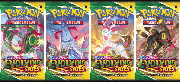 All four booster packs from Evolving Skies, featuring Rayquaza, Duraludon, Sylveon, and Umbreon