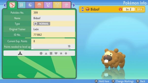 Bidoof's status screen