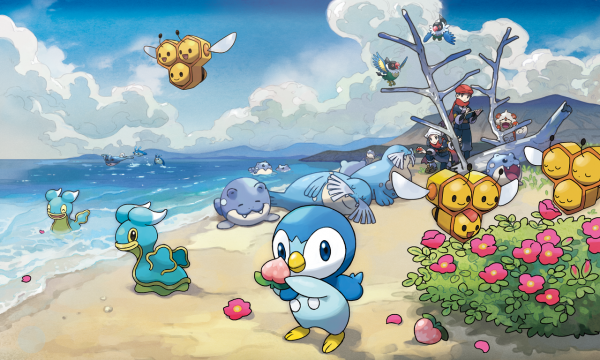 A nice beach scene with Piplup, Shellos, Spheal, and a few other Pokémon