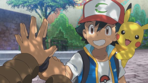 Ash and Pikachu with Ash pressing his hand against another person's hand