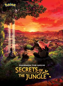 Pokémon the Movie Secrets of the Jungle Artwork with Zarude and Koko, along with Ash and Pikachu with a sunset