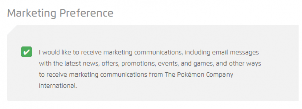 The Marketing Preference section from the Pokémon website's Edit Profile page