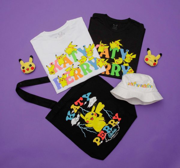 A handbag, hat, shirts, and pins from Katy Perry's line