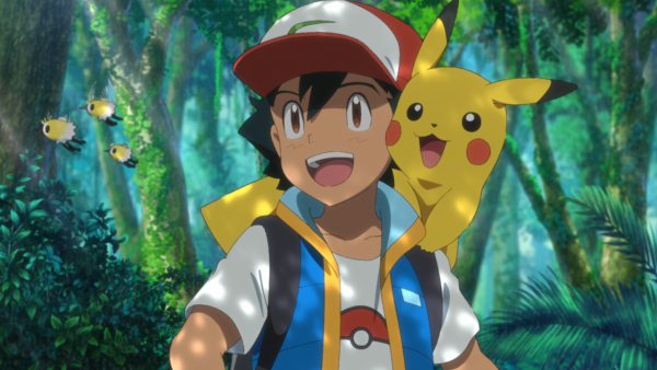Ash with Pikachu on his shoulder in a forest looking happy