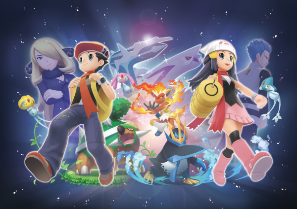 Lucas and Dawn with Torterra, Empoleon, and Infernape in the background, and Cynthia, Dialga, Cyrus, and Palkia semi-transparent behind them