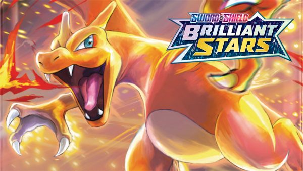 Charizard from the Booster Pack art with the Sword & Shield Brilliant Stars logo