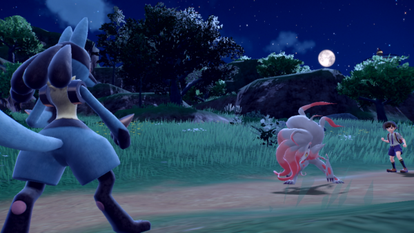 Lucario fighting a Hisuian Zoroark at night