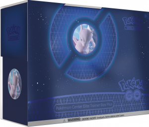 A blue Elite Trainer Box with a cutout hole for Mewtwo looking out from it