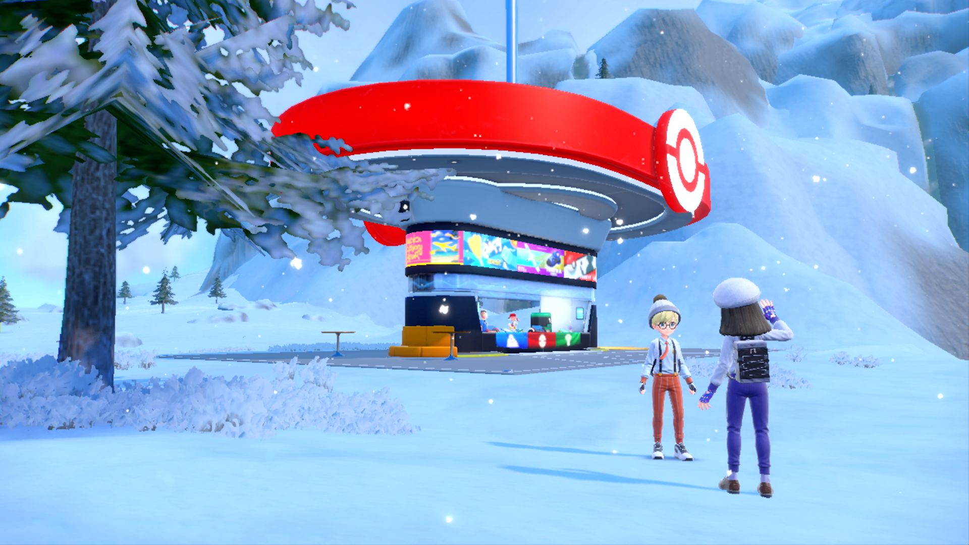 A Pokémon Center kiosk building in a snowy area