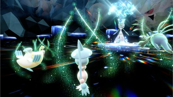 Tsareena, Pelipper, Hatterene, and Hydreigon fighting a Terastallized Gardevoir in a Tera Raid Battle