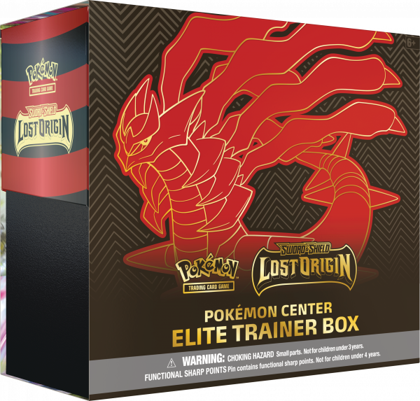 Outside of the Pokémon Center Elite Trainer Box, with a red and black color scheme but appearing different from the main version, with Origin Forme Giratina appearing in red and gold instead