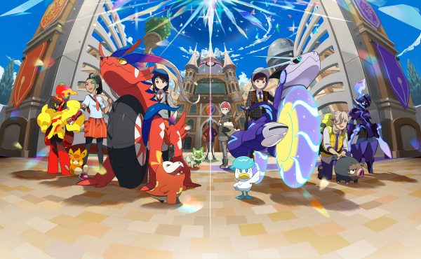 Some key artwork showing several Pokémon, characters, and the school in the background