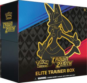 Elite Trainer Box of Crown Zenith, featuring a Lucario on the front