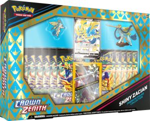Shiny Zacian collection with promo card, figure, and sleeves
