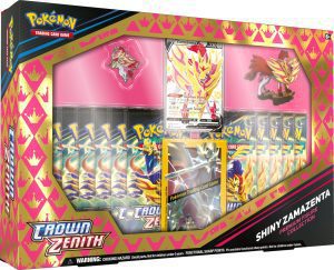 Shiny Zamazenta collection with promo card, figure, and sleeves