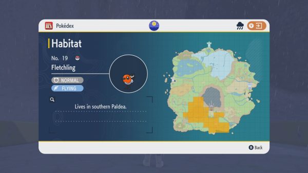 Map showing Fletchling's location in southern Paldea