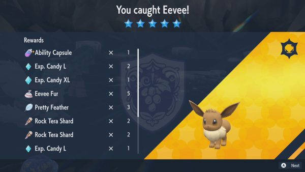 Rewards from a 5 star Eevee raid, with an Ability Capsule