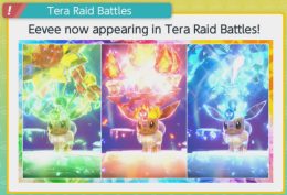 Eevee now appearing in Tera Raid Battles! Picture of three Eevee with different Tera Types.