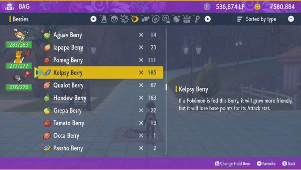 The inventory screen with many of the EV resetting berries