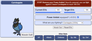 The EV Counter tool with a Corvisquire selected, showing various inputs and progress