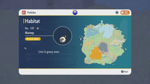 Map showing where to find Mareep. Can be found west of Mesagoza