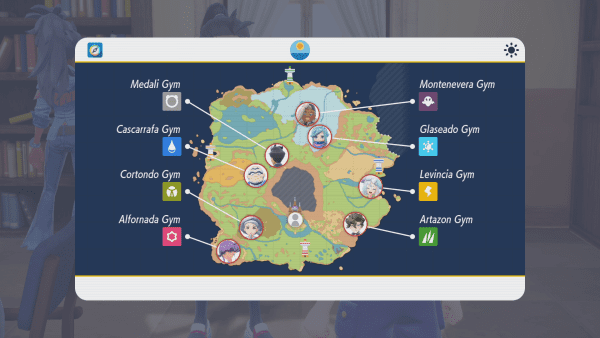 In-game map showing the locations of the eight Gym Leaders
