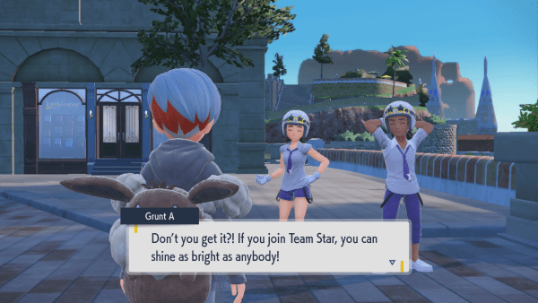 Two Team Star Grunts trying to persuade a girl with an Eevee backpack to join Team Star