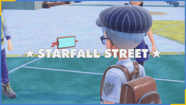 Looking at the Rotom Phone with the words STARFALL STREET on screen