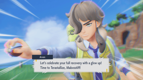 Arven saying 'Let's celebrate your full recovery with a glow up! Time to Terastallize, Mabosstiff!'