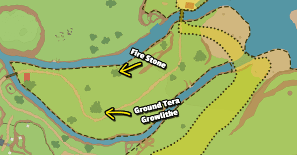 A map showing where to get a Fire Stone and a Growlithe