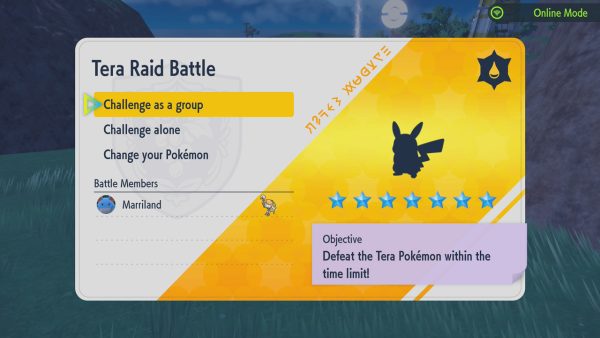 The Raid information for a 7-star Pikachu Raid with a Water Tera Type