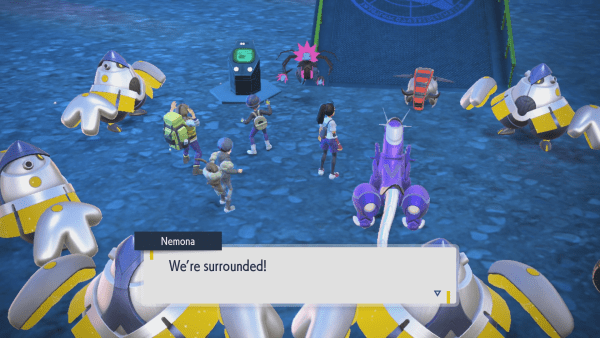 The player, Arven, Penny, and Nemona surrounded by future Pokémon