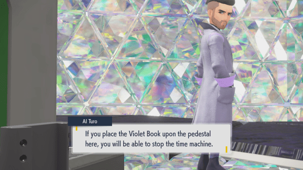 Professor Turo explaining you need to place the Violet Book on the pedestal