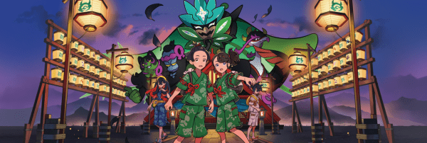 Special artwork for The Teal Mask showing Ogerpon, Okidogi, Munkidori, and Fezandipiti in the background in the main characters in the foreground