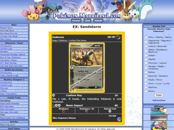 A look at the Marriland website from 2008 showing an Umbreon card from EX Sandstorm