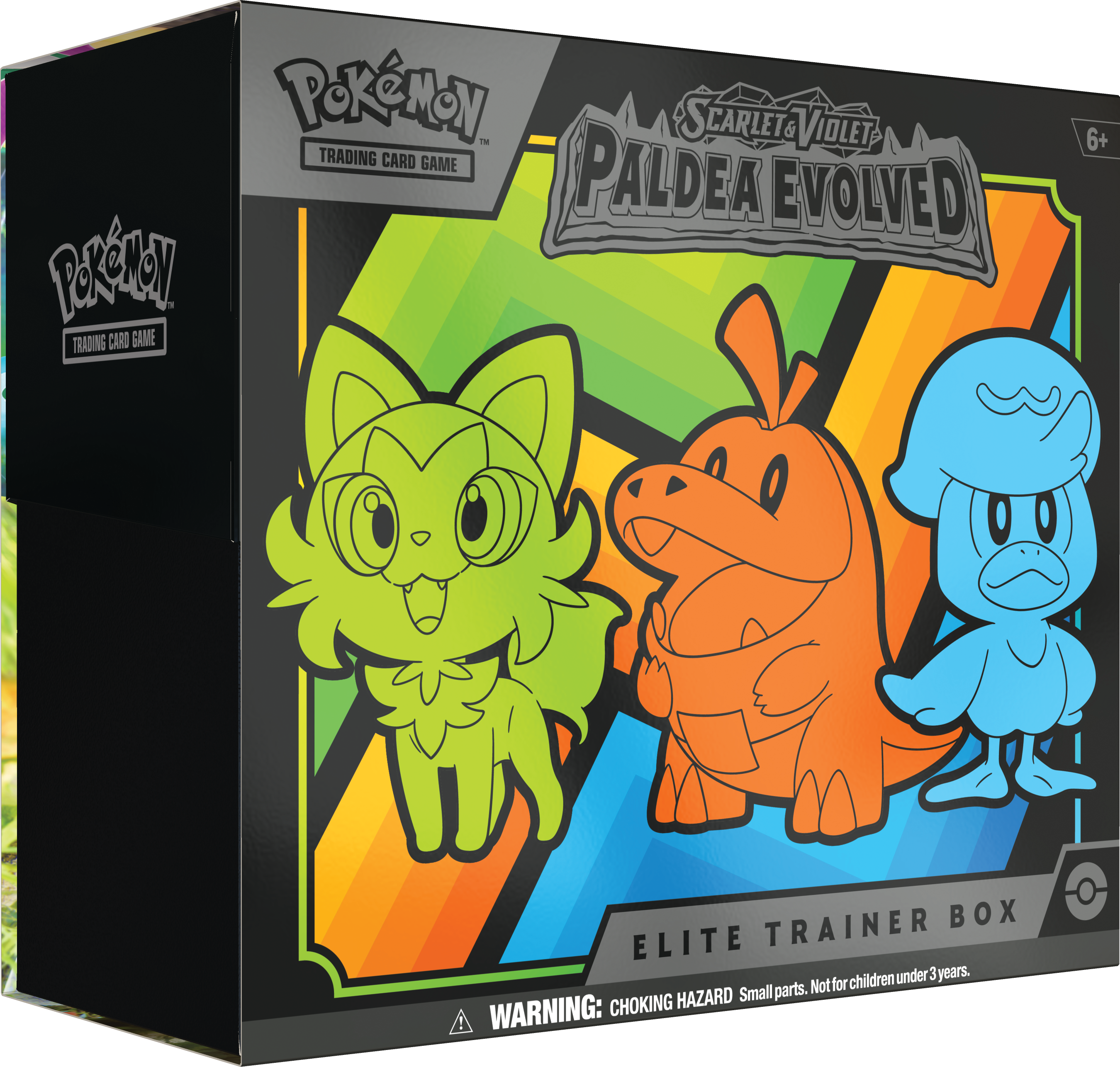 Scarlet & Violet—Paldea Evolved Elite Trainer Box showing the three Paldea starter Pokémon