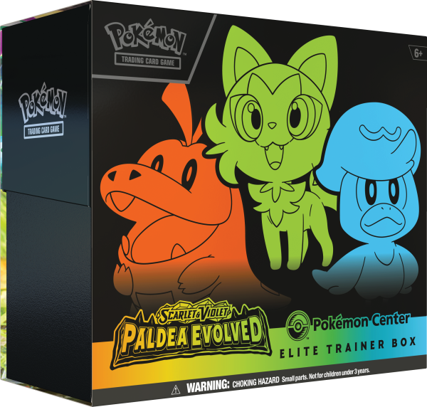 Pokémon Center version of the Scarlet & Violet—Paldea Evolved Elite Trainer Box showing the three Paldea starter Pokémon