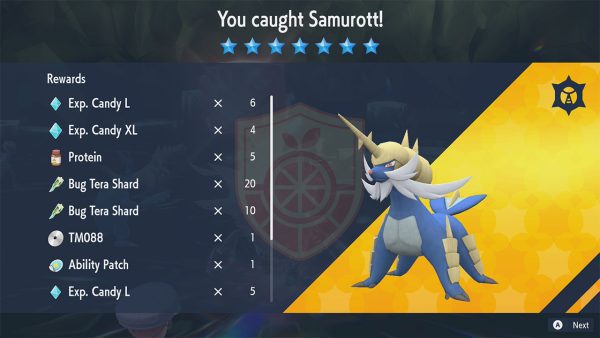 The rewards screen after catching Samurott