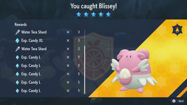 Rewards for the Blissey raid, which include 25 Exp. Candies L and 3 Exp. Candies XL