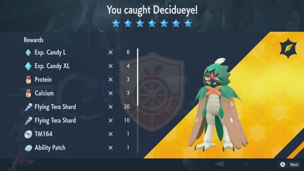 Rewards for beating Decidueye (described below)