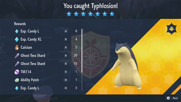 Catching the Typhlosion and getting the rewards (some of which described below)